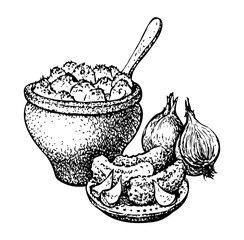 Vector still life. Traditional Slavic food: potatoes in a clay pot