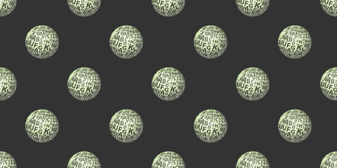Green Modern Style Abstract Geometric Background Design, Rows of Many Large Lit 3D Balls, Globes, Spheres with Letter Patterned Surface, Template in Editable Vector Format