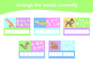Obraz premium Arrange the words correctly. Worksheet for preschool. Writing practice. Vector file.