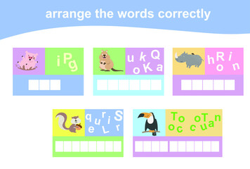 Arrange the words correctly. Worksheet for preschool. Writing practice. Vector file.