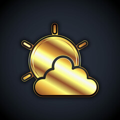 Gold Sun and cloud weather icon isolated on black background. Vector