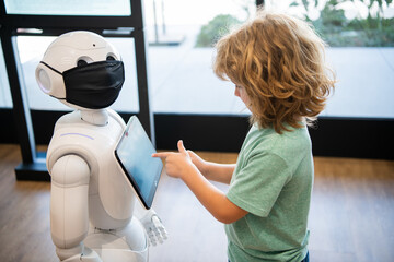 busy kid interact with robot artificial intelligence, communication