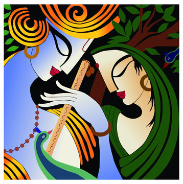 Lord Radha Krishna with flute.  Lord Krishna playing bansuri (flute) with Radha rani, Hand Drawn Sketch colorful Vector illustration.
