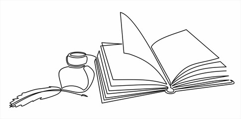 Continuous line drawing of quill pen ink and book. One line art concept of vintage brush pen signature and lettering. Vector illustration
