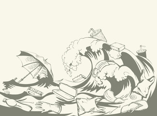 Ocean pollution from plastic waste. Vector drawing