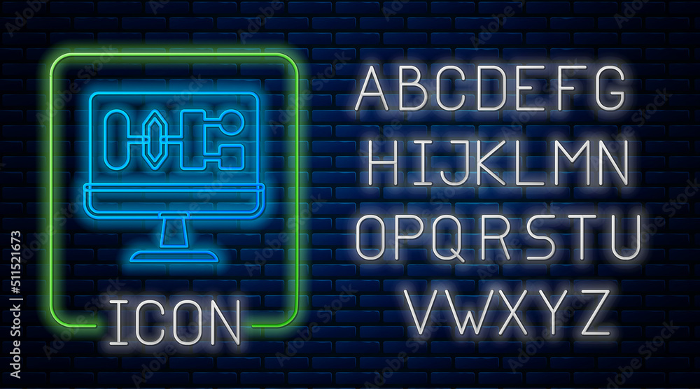 Poster glowing neon algorithm icon isolated on brick wall background. algorithm symbol design from artifici