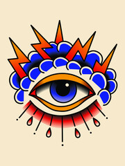 All seeing eye with cloud and lightnings. Old school vector illustration isolated on white background 