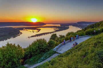 View of the Volga River from an observation platform near Samara, sunset over the Zhigulev...
