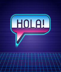 Retro style Hola in different languages icon isolated futuristic landscape background. Speech bubbles. 80s fashion party. Vector © vector_v