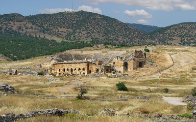 Ruins of ancient Greek city Hierapolis (Holy City) near Pamukkale, Turkey. Unesco World Heritage Site.
