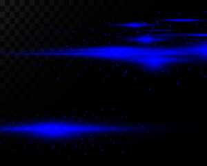 Pack of blue horizontal highlights with glitter on a transparent background. Laser beams, horizontal light beams. Beautiful light flashes. Glowing stripes.