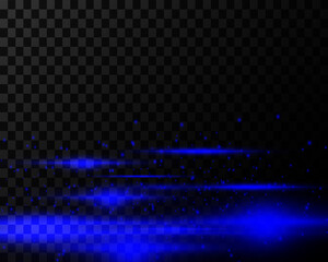 Pack of blue horizontal highlights with glitter on a transparent background. Laser beams, horizontal light beams. Beautiful light flashes. Glowing stripes.