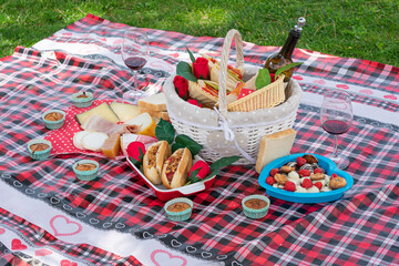variety of cheeses, sandwich, dessert, hotdogs from a picnic in the park
