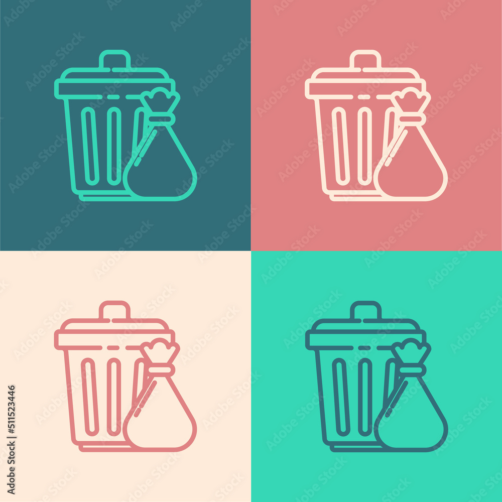 Aufkleber pop art line trash can and garbage bag icon isolated on color background. garbage bin sign. recycle 
