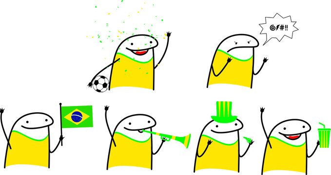 Meme internet: flork pack Brazil fan soccer. Vector stkech. Comic drawing: victory, defeat, country flag, horn and whistle glass.