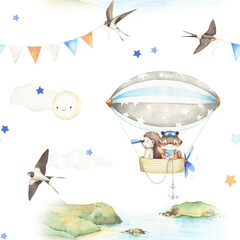 Skydiving, airship seamless pattern. Cute little wild animals flying with parachute and hot air balloon. Hand painted watercolor illustration. Cartoon kid character. For baby prints, textile © Victoria Pak