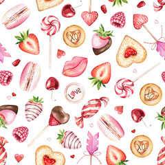 Seamless pattern design for Valentine's day. Watercolor hand-painted Illustration. Sweets, berries, cakes, candy background. Cute design for textiles, wallpapers, banners, cards