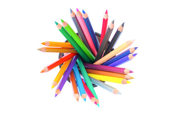 Colored pencils in pencil box isolated on white background.