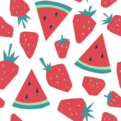 Summer fruits and berries. Seamless pattern. Watermelon, strawberry. Vector image.