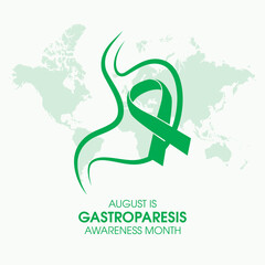 August is Gastroparesis Awareness Month vector. Green color awareness ribbon and world map silhouette icon vector. Important day