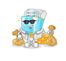 medicine package rich character. cartoon mascot vector