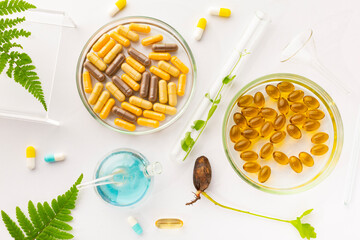 Test tubes with plants in a holder, vitamins on a light background, laboratory