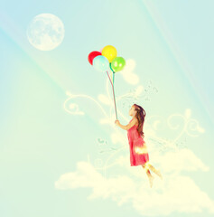 Floating away. A young girl being lifted in the air by a bunch of colorful balloons.