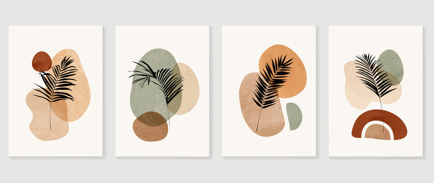 Set of abstract foliage wall art vector. Leaves, organic shapes, earth tone colors, leaf branch in line art style. Line wall decoration collection design for interior, poster, cover, banner. 