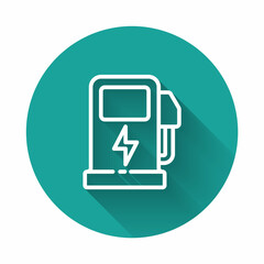 White line Electric car charging station icon isolated with long shadow. Eco electric fuel pump sign. Green circle button. Vector