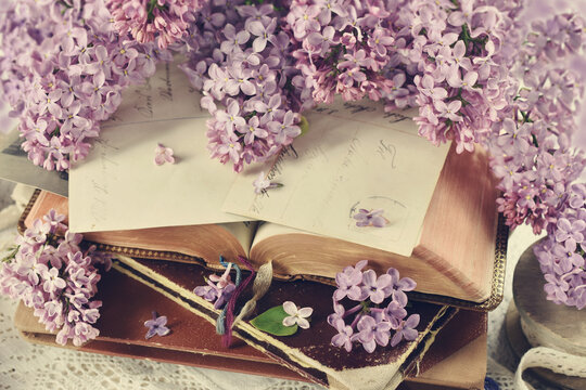 Old books and purple lilac blossoms