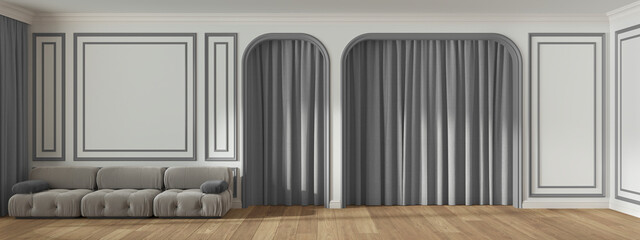 Panoramic view of classic living room with molded wall, arched doors with curtain and parquet floor. White and gray tones, modern velvet sofa. Banner, interior design