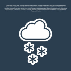 Blue line Cloud with snow icon isolated on blue background. Cloud with snowflakes. Single weather icon. Snowing sign. Vector