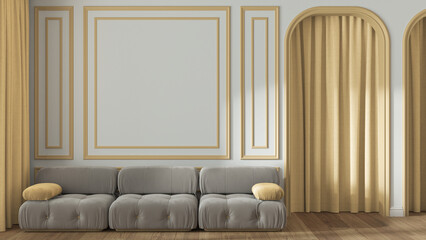 Neoclassic living room, molded walls with copy space, template. Arched door with curtain and parquet floor. White and yellow pastel tones, modern velvet sofa. Classic interior design