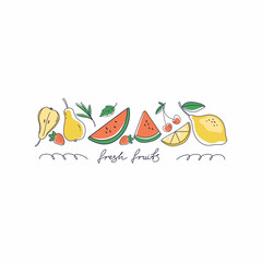 Hand illustrations. Various fruits are arranged in a row in summer colors on a white background. Trendy summer beach party invitation design, alcoholic drinks bar menu, cocktail card. 