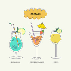  Vector illustration. Various isolated cocktail glass with beverages. Trendy design for summer beach party invitation, bar menu of alcohol drinks, cocktail card.