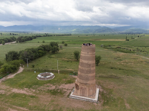 Aerial view of Burana Tower, an ancient tower in Kyrgyzstan.