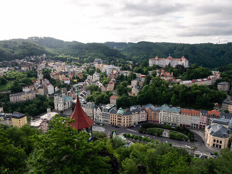 Karlovy Vary or Carlsbad Cityscape in Western Bohemia, Czech Republic with Mayer's Gloriet, seen from Jeleni Skok
