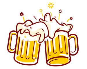 Two glasses, mugs of beer with foam to make a toast!
Cheers with two mugs of beer. Vector illustration isolated on white.