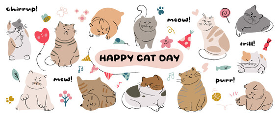 Cute cats and funny kitten doodle vector set. Happy international cat day characters design collection with flat color in different poses. Set of adorable pet animals isolated on white background. © TWINS DESIGN STUDIO