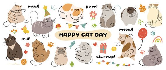 Cute cats and funny kitten doodle vector set. Happy international cat day characters design collection with flat color in different poses. Set of adorable pet animals isolated on white background. © TWINS DESIGN STUDIO