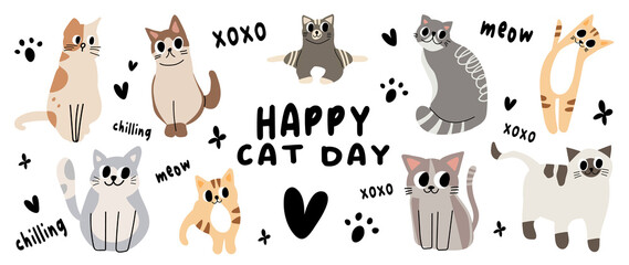 Cute cats and funny kitten doodle vector set. Happy international cat day characters design collection with flat color in different poses. Set of adorable pet animals isolated on white background.