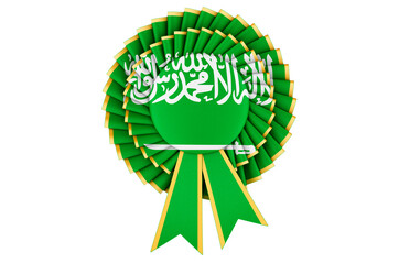 Saudi Arabian flag painted on the award ribbon rosette. 3D rendering