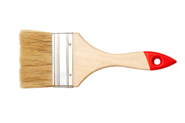 Natural bristle brush with wooden handle on a white background. For construction painting work. View from above. - obrazy, fototapety, plakaty