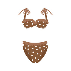 Separate women's swimsuit in brown polka dots with frilled cups and straps with ties. Fashionable illustration of clothes for sea holidays and sunbathing in hot summer.