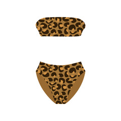 Split women's swimsuit with natural leopard print without straps. Fashionable illustration of clothes for sea holidays and sunbathing in hot summer.