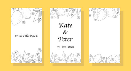 Fototapeta na wymiar Wedding day invitation. Set of vector templates for stories. Hand-drawn vector in outline style. 