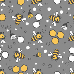 Floral pattern. Seamless vector pattern with bees and small honeycombs, varied foliage. Botanical print with autumn mood. Vector printing of fabrics and polygraphy products.