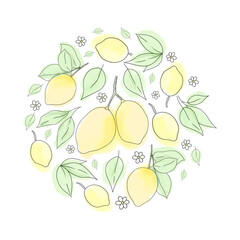 Hand-drawn vector wreath with lemons and leaves