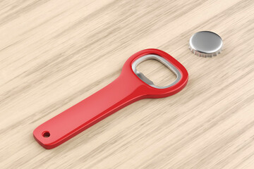 Silver beer cap and red bottle opener on wooden table - obrazy, fototapety, plakaty