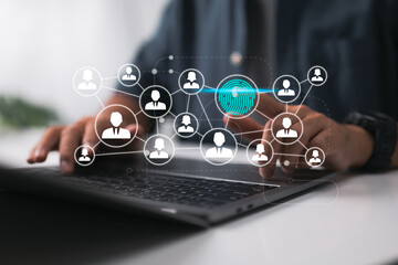 With his fingerprint, a businessman pushes a current technology web panel.